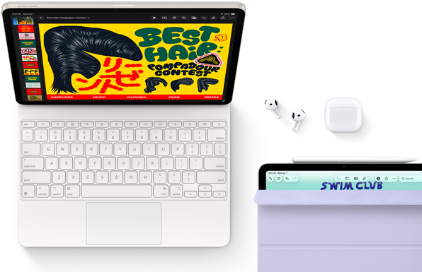 Csillagfényszínű iPad Air Magic Keyboarddal, AirPods Próval és Apple Pencil Próval, a kijelzőn színes grafika