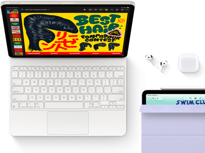 Csillagfényszínű iPad Air Magic Keyboarddal, AirPods Próval és Apple Pencil Próval, a kijelzőn színes grafika