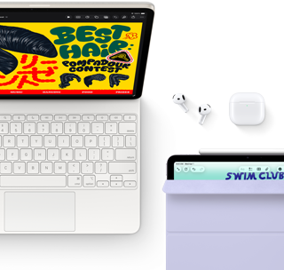 Csillagfényszínű iPad Air Magic Keyboarddal, AirPods Próval és Apple Pencil Próval, a kijelzőn színes grafika