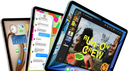 Három iPad Air legyezőszerű elrendezésben, különböző színekben: kék, lila, csillagfény. A készülékek elölnézetből, enyhén oldalra fordítva látszanak, mindegyik kijelzőjén más-más: a Keynote alkalmazás, az Üzenetek alkalmazás, illetve a főképernyő