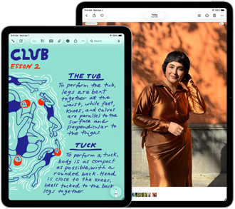 Két iPad Air, 11 hüvelykes és 13 hüvelykes, a 11 hüvelykes készülék kijelzőjén a Jegyzetek app színes jegyzetoldallal, a 13 hüvelykes készüléken a Fotók app egy emberről készült fotóval
