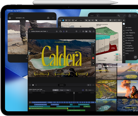 Asztrofekete iPad Pro szemből, fekvő tájolásban, a tetején Apple Pencil, a kijelzőn egymás mellé helyezve több alkalmazásablak, köztük a Final Cut Pro különböző videószerkesztési funkciókkal és idővonallal, a Térképek, a Jegyzetek és különféle médiaklipek