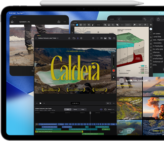 Asztrofekete iPad Pro szemből, fekvő tájolásban, a tetején Apple Pencil, a kijelzőn egymás mellé helyezve több alkalmazásablak, köztük a Final Cut Pro különböző videószerkesztési funkciókkal és idővonallal, a Térképek, a Jegyzetek és különféle médiaklipek