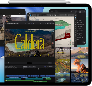 Asztrofekete iPad Pro szemből, fekvő tájolásban, a tetején Apple Pencil, a kijelzőn egymás mellé helyezve több alkalmazásablak, köztük a Final Cut Pro különböző videószerkesztési funkciókkal és idővonallal, a Térképek, a Jegyzetek és különféle médiaklipek