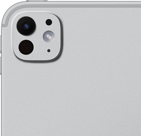 Ezüstszínű iPad Pro hátulnézetből, profi kamerarendszer öttagú objektívvel és adaptív True Tone vakuval