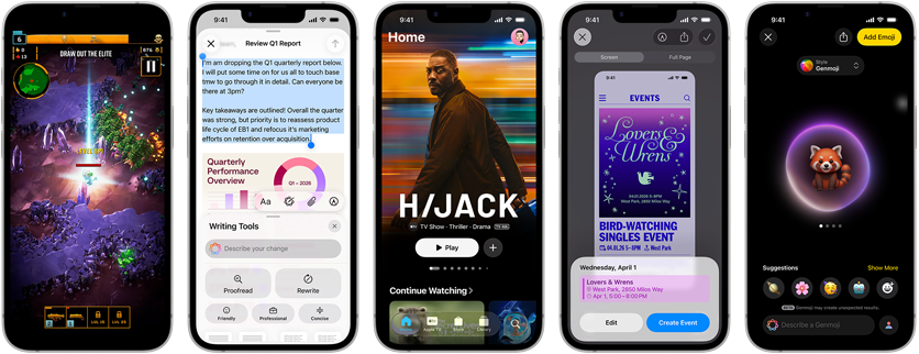iPhone 17e készülékek egymás mellett a következőket megjelenítő képernyőkkel: egy játék, az Íráseszközök, az Apple TV app, egy naptári esemény létrehozása és egy Genmoji létrehozása