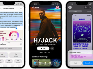 iPhone 17e készülékek egymás mellett a következőket megjelenítő képernyőkkel: egy játék, az Íráseszközök, az Apple TV app, egy naptári esemény létrehozása és egy Genmoji létrehozása