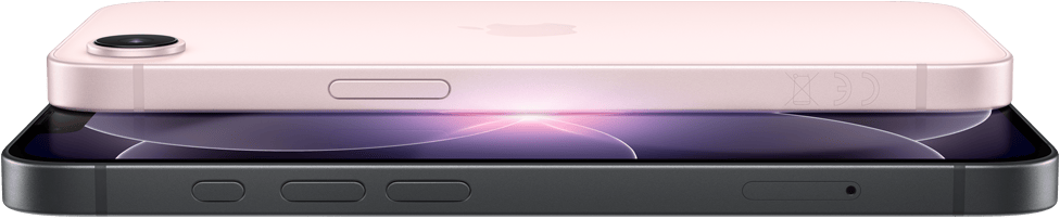 Halvány rózsaszín iPhone 17e vízszintesen, oldal- és hátulnézetből, fekete iPhone 17e vízszintesen, oldal- és elölnézetből