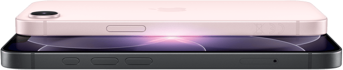 Halvány rózsaszín iPhone 17e vízszintesen, oldal- és hátulnézetből, fekete iPhone 17e vízszintesen, oldal- és elölnézetből