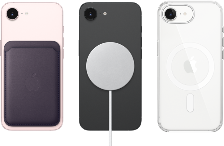Halvány rózsaszín iPhone 17e hátulnézetből, rajta MagSafe-rögzítésű FineWoven-szövettárca, fekete iPhone 17e hátulnézetből, rajta MagSafe töltő, fehér iPhone 17e hátulnézetből, rajta MagSafe-rögzítésű átlátszó tok