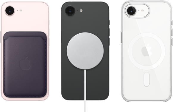 Halvány rózsaszín iPhone 17e hátulnézetből, rajta MagSafe-rögzítésű FineWoven-szövettárca, fekete iPhone 17e hátulnézetből, rajta MagSafe töltő, fehér iPhone 17e hátulnézetből, rajta MagSafe-rögzítésű átlátszó tok