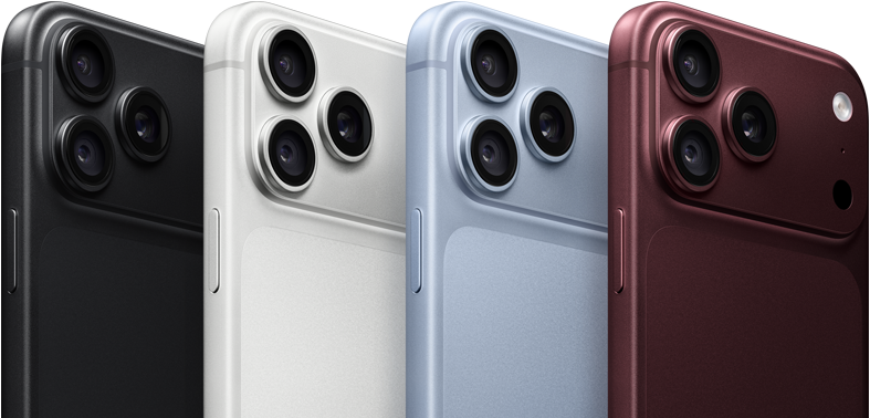iPhone 18 Pro készülékek egymás mellett, hátulnézetből, négy színben: burgundi, gleccserszín, ezüst, fekete, a hátlap bal felső sarkában a Pro Fusion kamerarendszer, három objektív, mikrofon, vaku