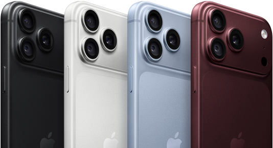 iPhone 18 Pro készülékek egymás mellett, hátulnézetből, négy színben: burgundi, gleccserszín, ezüst, fekete, a hátlap bal felső sarkában a Pro Fusion kamerarendszer, három objektív, mikrofon, vaku