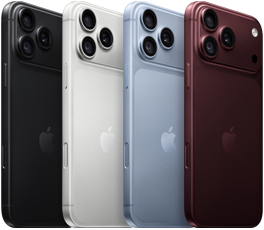 iPhone 18 Pro készülékek egymás mellett, hátulnézetből, négy színben: burgundi, gleccserszín, ezüst, fekete, a hátlap bal felső sarkában a Pro Fusion kamerarendszer, három objektív, mikrofon, vaku