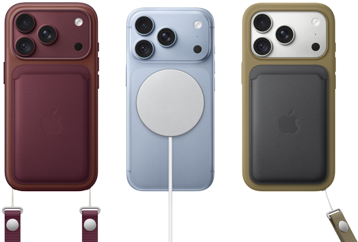 Burgundi színű iPhone 18 Pro hátulnézetből, MagSafe-rögzítésű, burgundi színű FineWoven-szövettárca; gleccserszínű iPhone 18 Pro hátulnézetből, MagSafe akkumulátorral; ezüstszínű iPhone 18 Pro hátulnézetből, zöld szilikontokkal és MagSafe töltővel