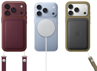 Burgundi színű iPhone 18 Pro hátulnézetből, MagSafe-rögzítésű, burgundi színű FineWoven-szövettárca; gleccserszínű iPhone 18 Pro hátulnézetből, MagSafe akkumulátorral; ezüstszínű iPhone 18 Pro hátulnézetből, zöld szilikontokkal és MagSafe töltővel