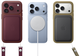 Burgundi színű iPhone 18 Pro hátulnézetből, MagSafe-rögzítésű, burgundi színű FineWoven-szövettárca; gleccserszínű iPhone 18 Pro hátulnézetből, MagSafe akkumulátorral; ezüstszínű iPhone 18 Pro hátulnézetből, zöld szilikontokkal és MagSafe töltővel