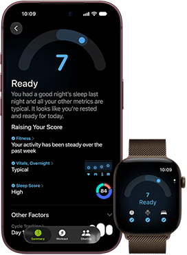 Fekete iPhone 18 Pro elölnézetből, a kijelzőn a Felkészültség 7-es pontszáma látható. A készülék egy barna színű Apple Watchhoz van párosítva, amely elölnézetből jelenik meg, és szintén a Felkészültség 7-es pontszámát mutatja