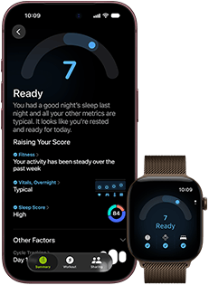 Fekete iPhone 18 Pro elölnézetből, a kijelzőn a Felkészültség 7-es pontszáma látható. A készülék egy barna színű Apple Watchhoz van párosítva, amely elölnézetből jelenik meg, és szintén a Felkészültség 7-es pontszámát mutatja