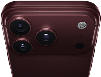 Burgundi színű (sötétpiros) iPhone 18 Pro Max hátulnézetből, fent a Pro Fusion kamerarendszer, 3 objektív, az állítható fényrekesz részlegesen zárt lamellái, vaku, mikrofon és LiDAR-szkenner, felülnézetből, mobilhálózati antenna, lapos oldalak, lekerekített élek