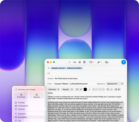 Egy MacBook Neo kijelzőjén a Mail appban az Apple Intelligence Íráseszközök funkciójával fogalmaznak át egy hosszú bekezdést egy e-mailben, amely egy kiadványról ad visszajelzést