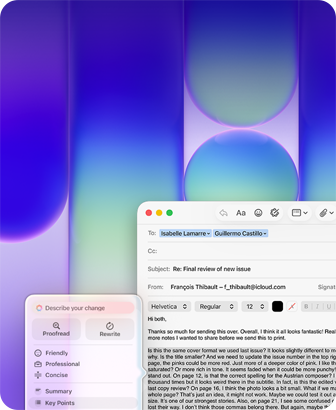 Egy MacBook Neo kijelzőjén a Mail appban az Apple Intelligence Íráseszközök funkciójával fogalmaznak át egy hosszú bekezdést egy e-mailben, amely egy kiadványról ad visszajelzést