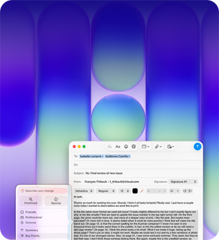 Egy MacBook Neo kijelzőjén a Mail appban az Apple Intelligence Íráseszközök funkciójával fogalmaznak át egy hosszú bekezdést egy e-mailben, amely egy kiadványról ad visszajelzést