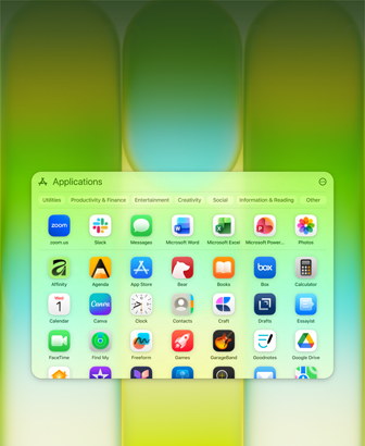 Egy MacBook Neo kijelzőjén az Alkalmazásokat mutató ablak a következő appokkal: Microsoft PowerPoint, Word, Excel és OneNote, Google Chrome, Google Drive, FaceTime, Üzenetek, Fotók, Jegyzetek, Canva, WhatsApp, Zoom, Essayist, Craft, Affinity, Box és Todoist