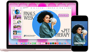 MacBook Neo hajnalpír színben, mellette egy iPhone, a kijelzőn egy Finals Week Pet Therapy (Kisállatterápia a vizsgahéten) című prezentáció egy tengerimalacot a kezében tartó diákról készült fotóval, iPhone, a kijelzőjén az a tengerimalacot a kezében tartó diákról készült fotó, amely matricaként be van illesztve a prezentációba.