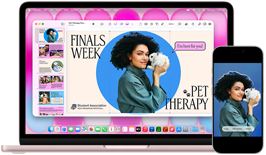 MacBook Neo hajnalpír színben, mellette egy iPhone, a kijelzőn egy Finals Week Pet Therapy (Kisállatterápia a vizsgahéten) című prezentáció egy tengerimalacot a kezében tartó diákról készült fotóval, iPhone, a kijelzőjén az a tengerimalacot a kezében tartó diákról készült fotó, amely matricaként be van illesztve a prezentációba.