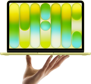 MacBook Neo citrusszínben egy nyitott kéz ujjbegyein egyensúlyozva, a kijelzőn színes, absztrakt minta látható