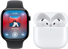 Apple Watch Series 11 palaszürke titántokkal, szíj: fekete sportszíj, megnyitott Apple Music app, párosított AirPods 4
