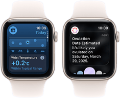Két Apple Watch SE 3 csillagfény alumíniumtokkal, a képernyőjükön a Vitális jelek app