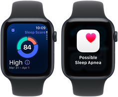 Két Apple Watch SE 3 éjfekete alumíniumtokkal, a képernyőjükön az alvási pontszám és egy lehetséges alvási apnoéról szóló értesítés