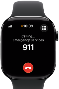 Apple Watch Series 11, kozmoszfekete alumíniumtok, a kijelzőn segélyhívás, jobb oldali nézet: Digital Crown, fekete sportszíj