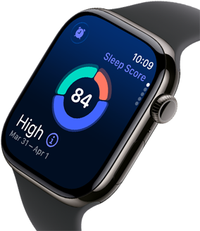 Apple Watch Series 11 közelről palaszürke titántokkal, a kijelzőn az alvási pontszámmal