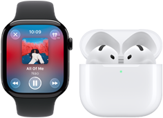 Apple Watch Series 11 palaszürke titántokkal, szíj: fekete sportszíj, megnyitott Apple Music app, párosított AirPods 4