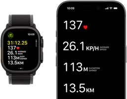 Éppen zajló edzés adatai Apple Watch Ultra 3-on és iPhone-on