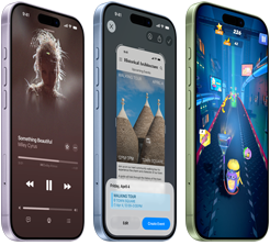 iPhone 17 készülékek elölnézetből és oldalnézetből, az Apple Music, a Vizuális intelligencia és egy játék fut rajtuk, az oldalukon Művelet gomb és hangerőgombok találhatók
