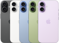 iPhone 17 készülékek hátulnézetből, a Fusion duplakamera-rendszerrel. Az öt színváltozat egymással átfedésben: fekete, fehér, zsályazöld, párakék és levendula.