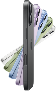 iPhone 17 készülékek oldalnézetből, öt színváltozatban: fekete, levendula, párakék, zsályazöld és fehér