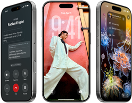 3 iPhone 17 Pro-modell elölnézetből, egymás mellett. A készülékek az iOS 26 rendszert, a Liquid Glass effektjét és az Apple Intelligence funkciót mutatják be.