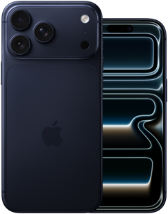 Egymás mellett egy iPhone 17 Pro Max hátulnézetből a Pro kamerarendszerrel, 3 lencsével, mikrofonnal, vakuval, mélykék színű bevonattal, valamint egy iPhone 17 Pro elölnézetből a teljes előlapot kitöltő kijelzővel, mélykék színű bevonattal
