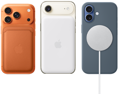 Kozmosznarancsszínű iPhone 17 Pro hátulnézetből, sienai barna szilikontokkal és rókavörös, MagSafe-rögzítésű FineWoven-szövettárcával; felhőfehér iPhone Air hátulnézetből, Magsafe akkumulátorral; párakék iPhone 17 hátulnézetből, acélkék szilikontokkal és MagSafe töltővel