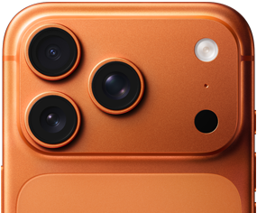 Kozmosznarancsszínű iPhone 17 Pro részleges hátulnézetből, a bal felső sarokban a Pro kamerarendszer 3 lencséjével, mellettük mikrofon és vaku