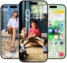 iPhone 17 elölnézetből, felül középen a Dynamic Islanddel, három színváltozatban: párakék, levendula, zsályazöld