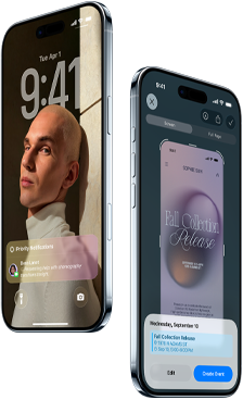 Két iPhone Air elölnézetből és oldalnézetből, vékony profillal, zárolási képernyővel. A készülékeken a vizuális intelligencia funkció van használatban.