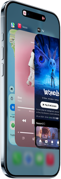 iPhone Air oldalsó elölnézetből, vékony profillal, felül középen a Dynamic Islanddel. A készüléken az App­váltó funkció van használatban, a készülék oldalán pedig látszik a Művelet gomb és a hangerőgombok.