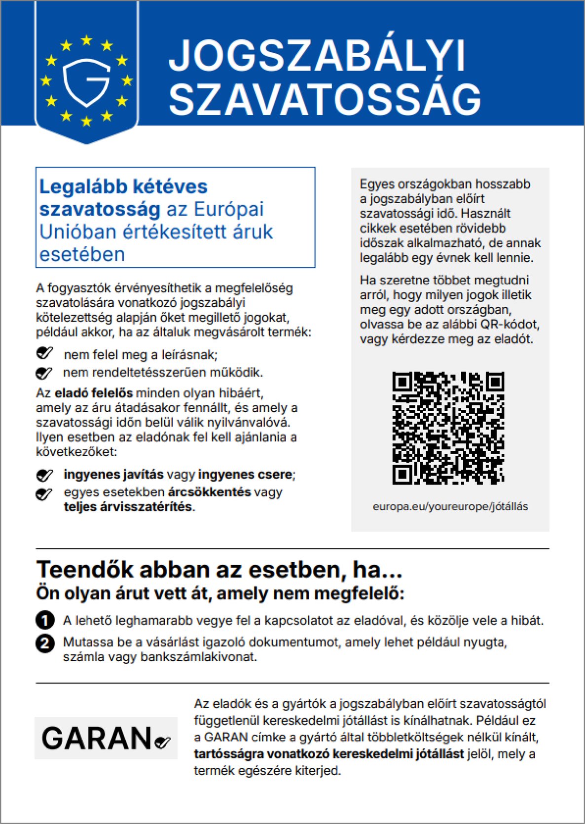 Harmonizált értesítés a megfelelőség szavatolására vonatkozó jogszabályi kötelezettségről