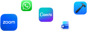 Több alkalmazásikon elszórtan, köztük a Canva, a Microsoft Excel, a WhatsApp, a Google Drive és a Zoom ikonja